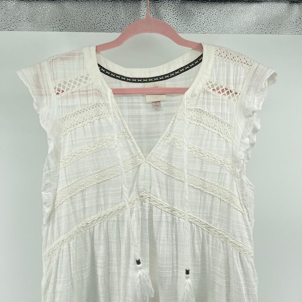 Knox Rose White Boho Lace Trim Tiered Short Dress Tassel Tie Size Large - Picture 3 of 14